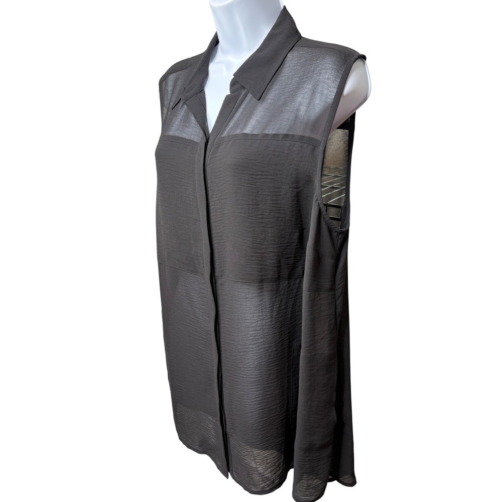 CHICO'S Women Black Sleeveless Sheer Mesh Button Down Top Sz 2/L Minimalist Chic